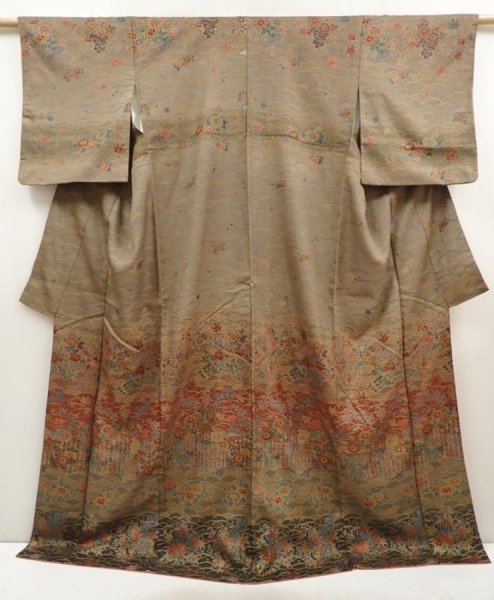 Photo1: 6615T08z1020  Japanese Kimono Silk TSUKESAGE Flowers Brown-Gray (1)