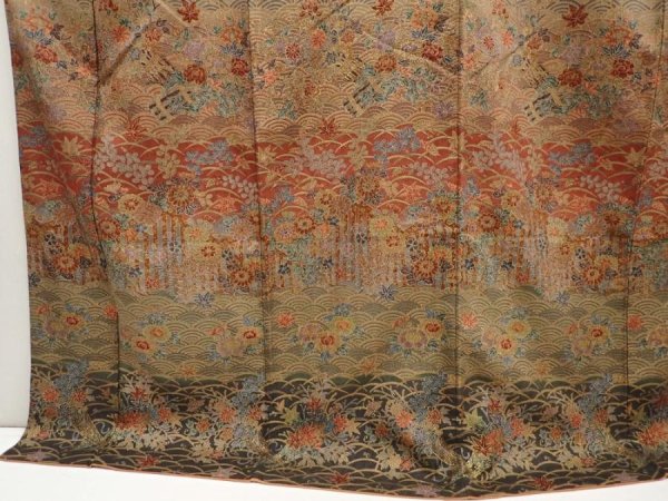 Photo5: 6615T08z1020  Japanese Kimono Silk TSUKESAGE Flowers Brown-Gray (5)