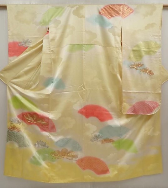 Photo1: 6615T12z980 Vintage Japanese Kimono Silk FURISODE Pine Straw yellow (1)