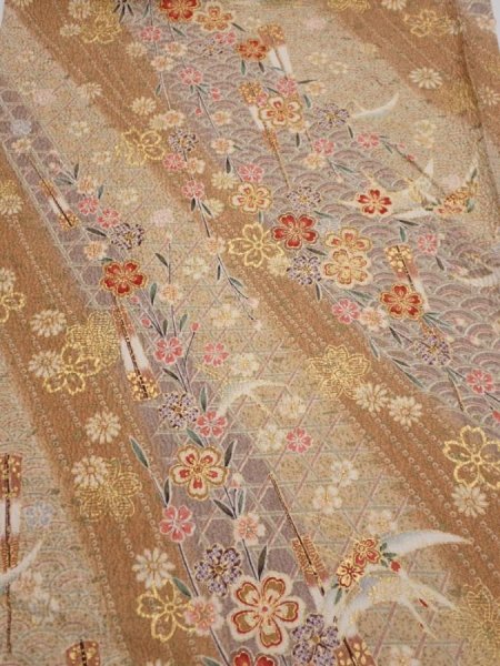Photo1: 3B01z60  Japanese Kimono Silk  FABRIC Sakura Light brown 43.1x15.2 (1)