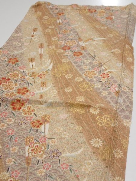 Photo3: 3B01z60  Japanese Kimono Silk  FABRIC Sakura Light brown 43.1x15.2 (3)