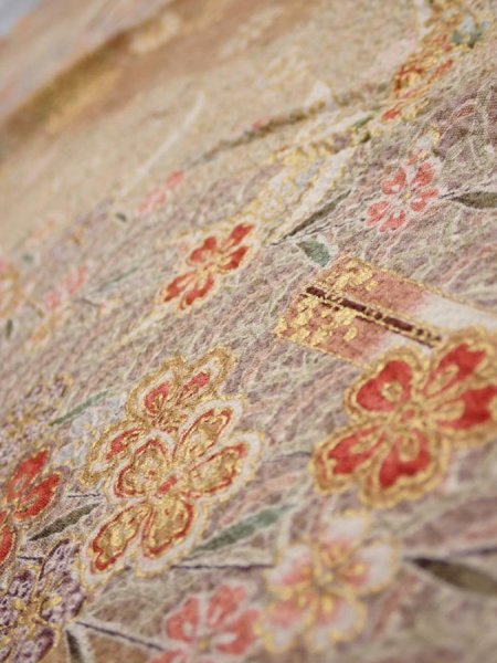 Photo4: 3B01z60  Japanese Kimono Silk  FABRIC Sakura Light brown 43.1x15.2 (4)