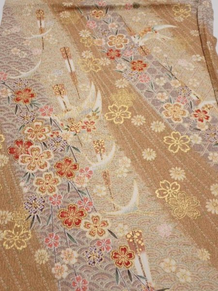 Photo1: 3B02z60  Japanese Kimono Silk  FABRIC Sakura Light brown 42.5x15.2 (1)