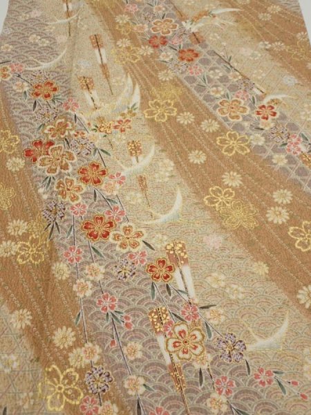 Photo1: 3B03z100  Japanese Kimono Silk  FABRIC Sakura Light brown 68.5x15.2 (1)