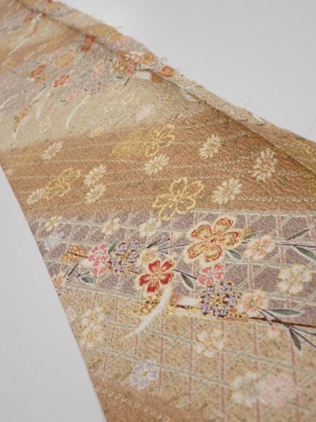 Photo1: 3B07z50  Japanese Kimono Silk  FABRIC Sakura Light brown 60.6x7.7 (1)
