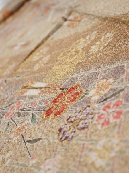 Photo4: 3B09z60  Japanese Kimono Silk  FABRIC Sakura Light brown 83.9x7.5 (4)