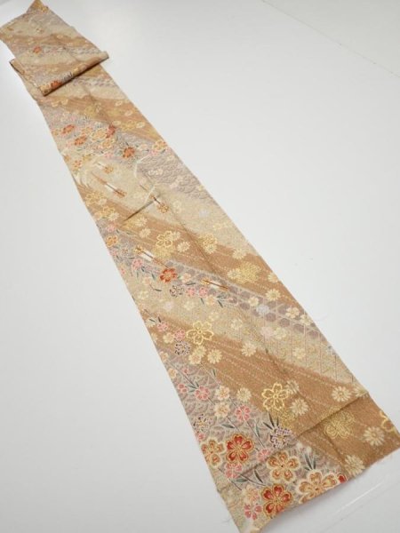 Photo5: 3B09z60  Japanese Kimono Silk  FABRIC Sakura Light brown 83.9x7.5 (5)