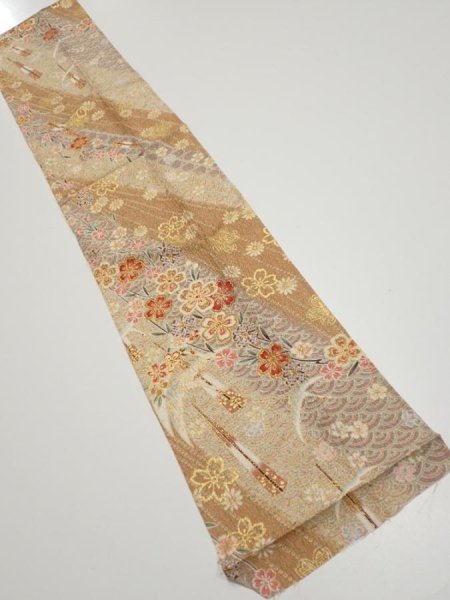 Photo1: 3B10z30  Japanese Kimono Silk  FABRIC Sakura Light brown 38.2x7.5 (1)