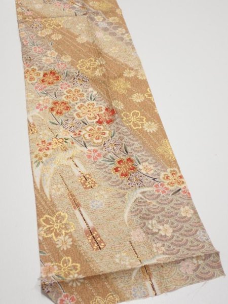 Photo3: 3B10z30  Japanese Kimono Silk  FABRIC Sakura Light brown 38.2x7.5 (3)