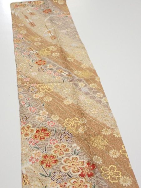 Photo4: 3B10z30  Japanese Kimono Silk  FABRIC Sakura Light brown 38.2x7.5 (4)