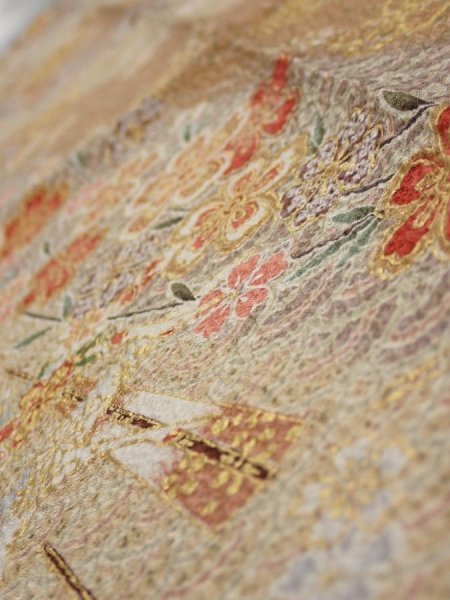 Photo5: 3B10z30  Japanese Kimono Silk  FABRIC Sakura Light brown 38.2x7.5 (5)