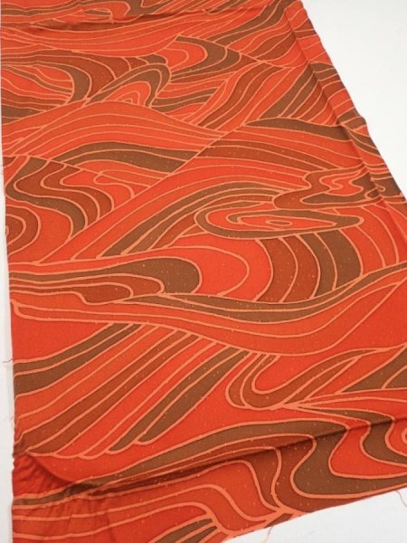 Photo2: 3B01z60  Japanese Kimono Silk  FABRIC Stream Dark orange 41.7x14.6 (2)