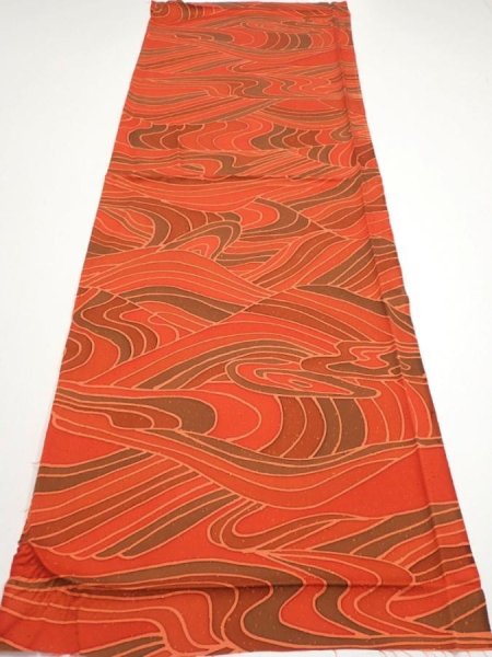 Photo5: 3B01z60  Japanese Kimono Silk  FABRIC Stream Dark orange 41.7x14.6 (5)