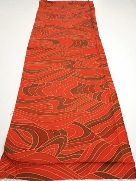 Photo5: 3B02z60  Japanese Kimono Silk  FABRIC Stream Dark orange 41.7x14.6 (5)