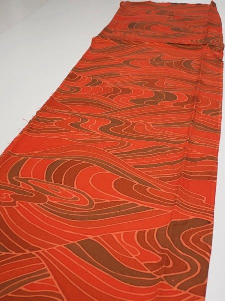Photo3: 3B06z80  Japanese Kimono Silk  FABRIC Stream Dark orange 65.7x14.6 (3)