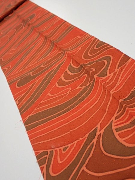 Photo1: 3B09z60  Japanese Kimono Silk  FABRIC Stream Dark orange 83.5x7.3 (1)