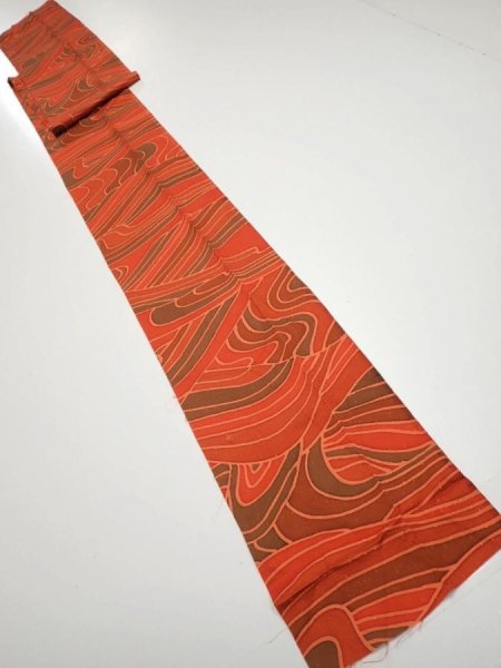 Photo5: 3B09z60  Japanese Kimono Silk  FABRIC Stream Dark orange 83.5x7.3 (5)