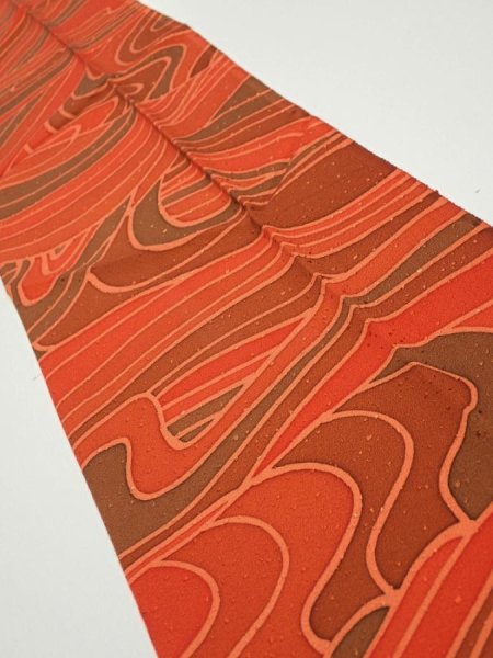 Photo2: 3B10z30  Japanese Kimono Silk  FABRIC Stream Dark orange 35.4x7.3 (2)