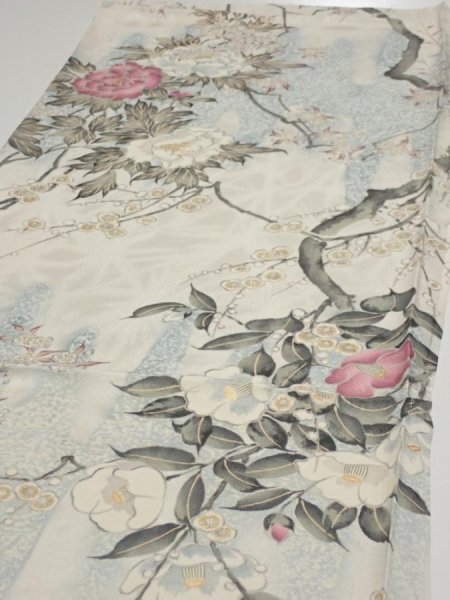 Photo3: 3B01z70  Japanese Kimono Silk  FABRIC Flowers Off-white 47.2x14.4 (3)