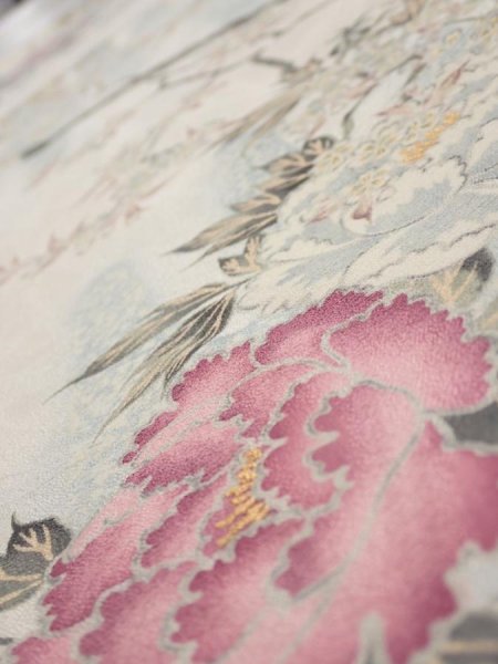 Photo4: 3B01z70  Japanese Kimono Silk  FABRIC Flowers Off-white 47.2x14.4 (4)