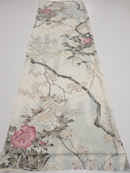 Photo5: 3B01z70  Japanese Kimono Silk  FABRIC Flowers Off-white 47.2x14.4 (5)