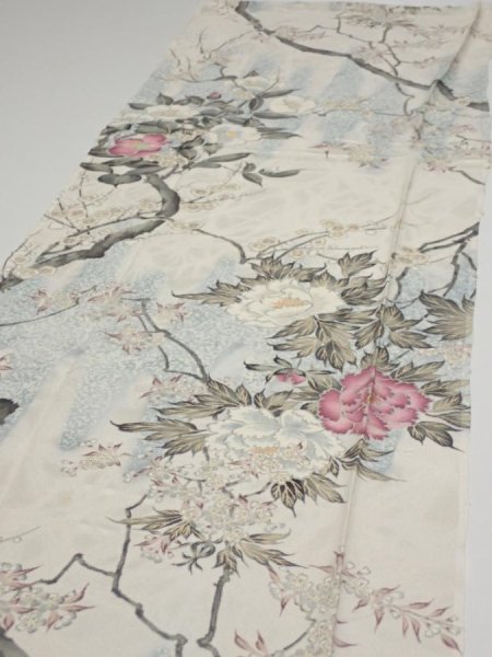 Photo3: 3B03z90  Japanese Kimono Silk  FABRIC Flowers Off-white 67.7x14.4 (3)