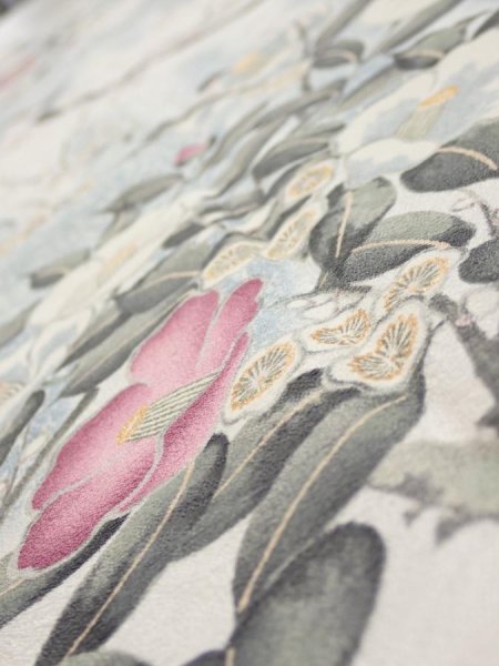 Photo4: 3B03z90  Japanese Kimono Silk  FABRIC Flowers Off-white 67.7x14.4 (4)