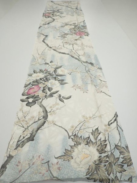 Photo5: 3B03z90  Japanese Kimono Silk  FABRIC Flowers Off-white 67.7x14.4 (5)