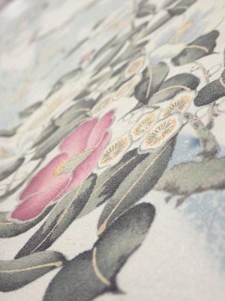Photo4: 3B04z90  Japanese Kimono Silk  FABRIC Flowers Off-white 66.9x14.4 (4)