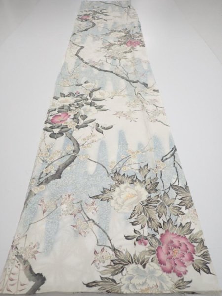 Photo5: 3B04z90  Japanese Kimono Silk  FABRIC Flowers Off-white 66.9x14.4 (5)