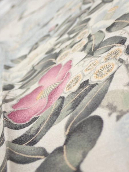 Photo4: 3B07z40  Japanese Kimono Silk  FABRIC Flowers Off-white 59.4x7.5 (4)