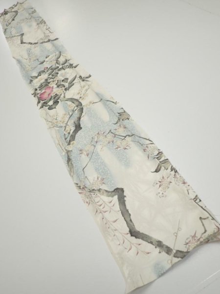 Photo5: 3B07z40  Japanese Kimono Silk  FABRIC Flowers Off-white 59.4x7.5 (5)