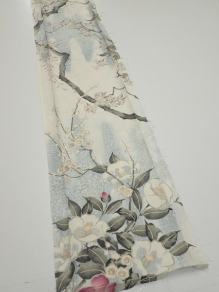 Photo2: 3B08z50  Japanese Kimono Silk  FABRIC Flowers Off-white 59.4x7.5 (2)