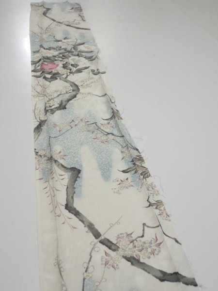 Photo3: 3B08z50  Japanese Kimono Silk  FABRIC Flowers Off-white 59.4x7.5 (3)