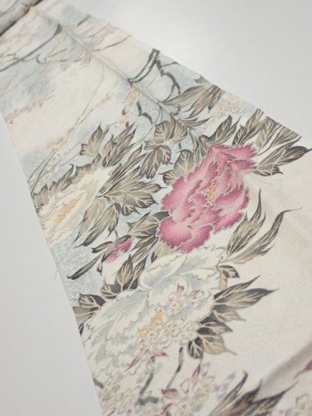 Photo1: 3B09z50  Japanese Kimono Silk  FABRIC Flowers Off-white 83.5x6.3 (1)