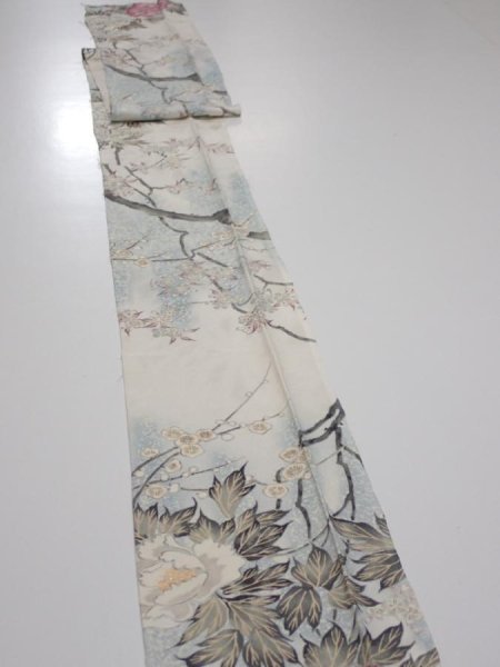 Photo3: 3B09z50  Japanese Kimono Silk  FABRIC Flowers Off-white 83.5x6.3 (3)