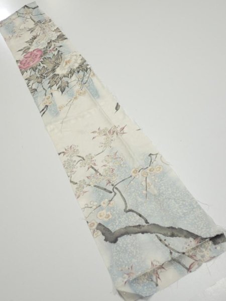Photo1: 3B10z30  Japanese Kimono Silk  FABRIC Flowers Off-white 38.6x6.5 (1)