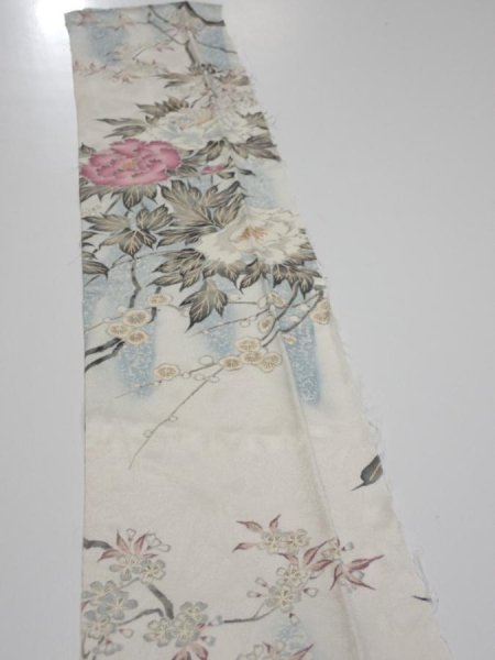Photo4: 3B10z30  Japanese Kimono Silk  FABRIC Flowers Off-white 38.6x6.5 (4)