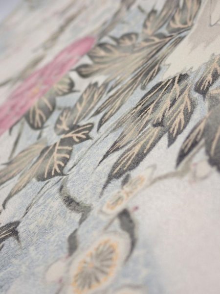 Photo5: 3B10z30  Japanese Kimono Silk  FABRIC Flowers Off-white 38.6x6.5 (5)
