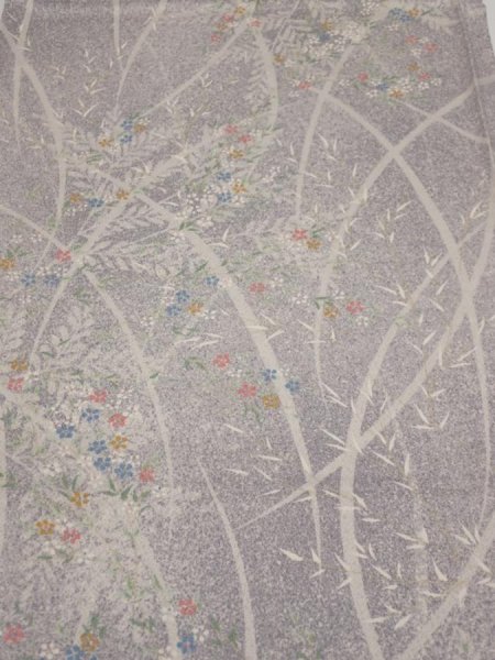 Photo1: 3B01z50  Japanese Kimono Silk  FABRIC Flower Light lavender gray 42.9x14.4 (1)