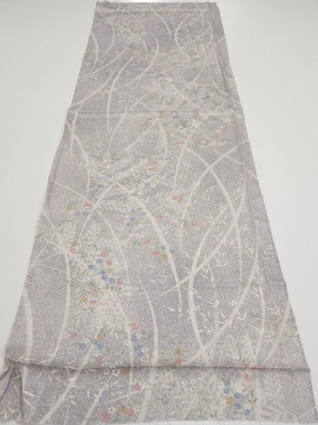 Photo5: 3B01z50  Japanese Kimono Silk  FABRIC Flower Light lavender gray 42.9x14.4 (5)