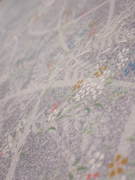 Photo4: 3B02z60  Japanese Kimono Silk  FABRIC Flower Light lavender gray 42.5x14.2 (4)