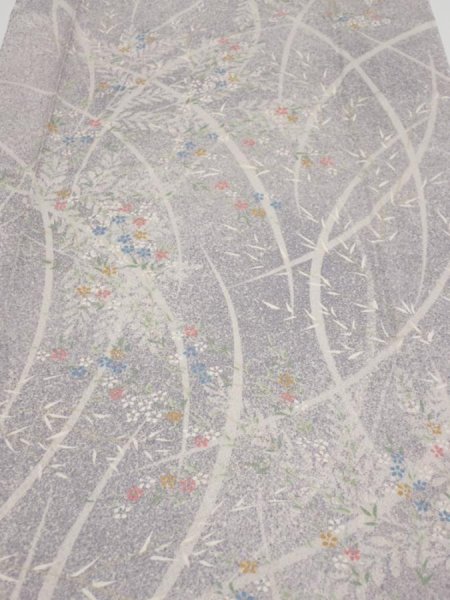 Photo1: 3B03z70  Japanese Kimono Silk  FABRIC Flower Light lavender gray 55.1x14.4 (1)