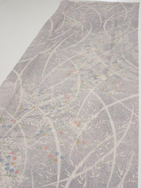 Photo3: 3B03z70  Japanese Kimono Silk  FABRIC Flower Light lavender gray 55.1x14.4 (3)