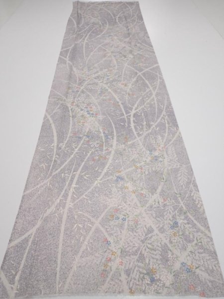 Photo5: 3B03z70  Japanese Kimono Silk  FABRIC Flower Light lavender gray 55.1x14.4 (5)