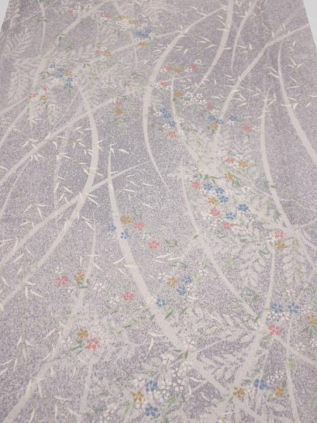 Photo1: 3B06z80  Japanese Kimono Silk  FABRIC Flower Light lavender gray 64.6x14.4 (1)