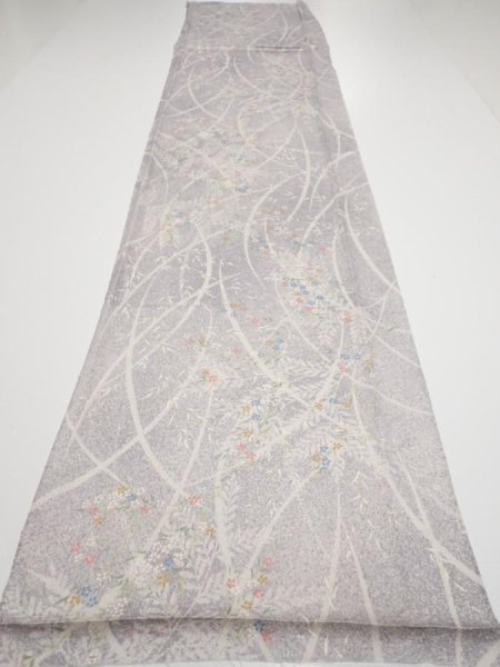 Photo5: 3B06z80  Japanese Kimono Silk  FABRIC Flower Light lavender gray 64.6x14.4 (5)