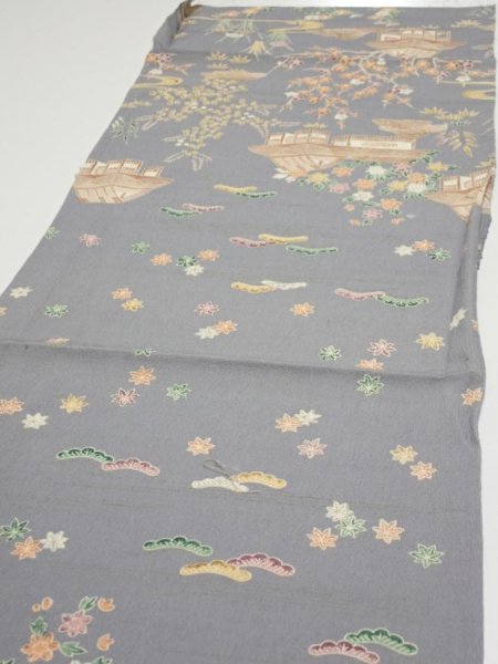 Photo3: 3B01z70  Japanese Kimono Silk  FABRIC Scenery Gray 46.9x14.0 (3)