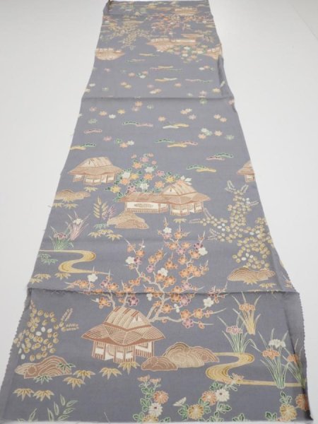 Photo5: 3B01z70  Japanese Kimono Silk  FABRIC Scenery Gray 46.9x14.0 (5)