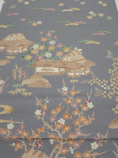 Photo1: 3B02z70  Japanese Kimono Silk  FABRIC Scenery Gray 46.9x14.2 (1)